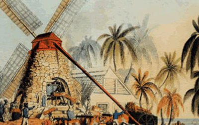A yard on an Antiguan sugar plantation in 1823. A windmill powers the rollers used to crush the cane before it was boiled to release its sugar.