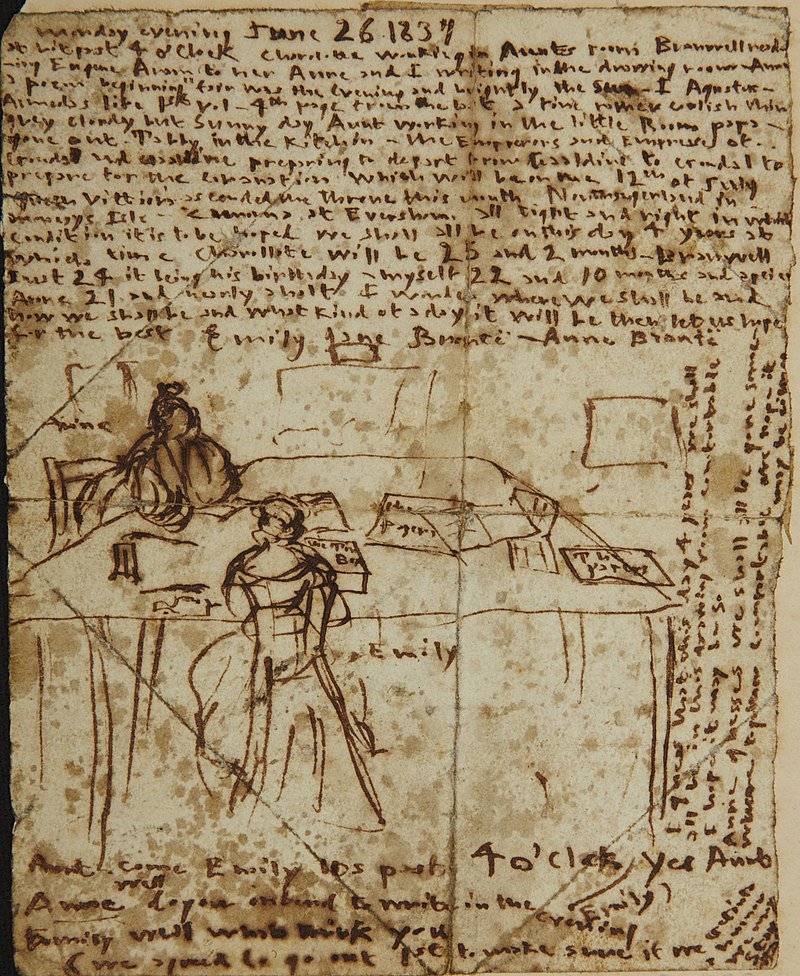 An 1837 sketch showing Emily and Anne working at the dining room table