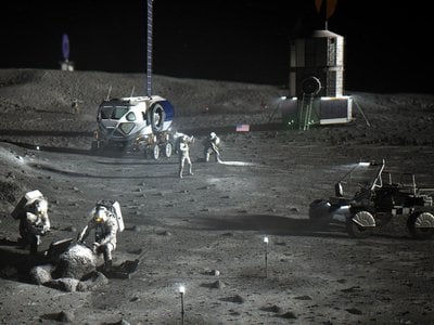 An artist&rsquo;s rendering of astronauts working near NASA&rsquo;s Artemis base camp, complete with a rover and RV.