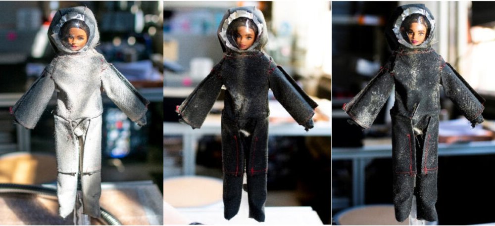 Three panels showing Barbie doll wearing spacesuit with different amounts of dust