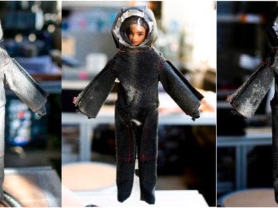 Researchers used Barbie dolls to test liquid nitrogen&#39;s effectiveness at removing Moon dust simulants from a replica spacesuit. (Left: before spraying; center: after spraying; right: after spot cleaning)