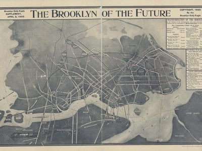A two-page spread in a 1903 Brooklyn Daily Eagle supplement shows an aerial depiction of the "Brooklyn of the Future," complete with ferry lines and projected bridges, subways, tunnels and elevated roads.
