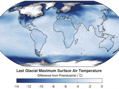This global map indicates the temperature differences between  now and preindustrial times, where dark blue translates to cooler temperatures. 