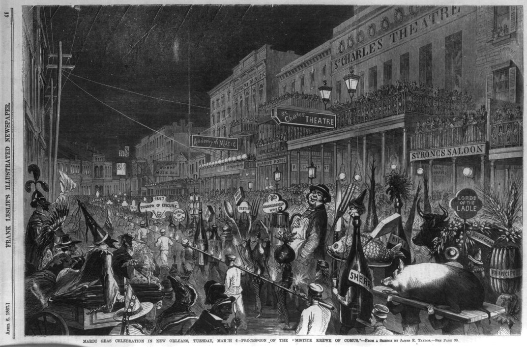 Drawing of an 1867 Mardi Gras celebration featuring the Mistick Krewe of Comus