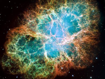 This large mosaic of the Crab Nebula, which formed after a supernova explosion, was assembled from 24 individual exposures captured by Hubble Space Telescope over three months.