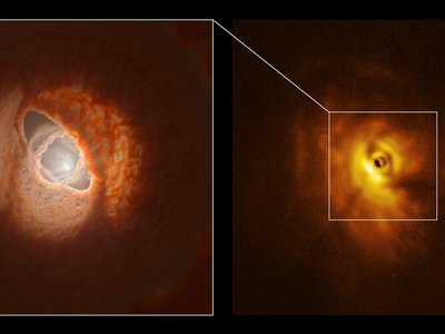 Left: an artist's rendering of the GW Orionis system depicts its misaligned rings of dust and gas. Right: a view of GW Orionis