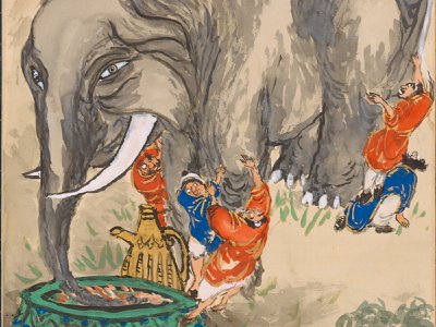Tomioka Tessai was beloved for the personality and humor he infused in his work, with exaggerated expressions on his figures, and traditional scenes such as that of his 1921 Blind Men Appraising an Elephant (above: detail, 1921).