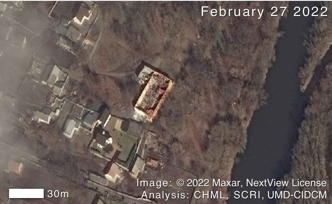Satellite image of Ivankiv Museum after destruction