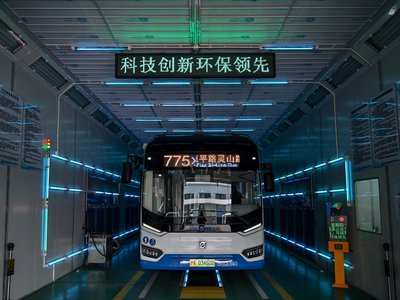 A bus being treated with ultraviolet light in Shanghai, China. Although types of UV light are already in use to decontaminate vehicles and indoor spaces, the wavelengths used are dangerous to people. Researchers hope that wavelengths of far-UVC light can be used harmlessly when people are present.