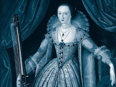 The bold, brilliant Mary Wroth with a string instrument called a theorbo, circa 1620. 