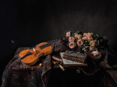 The &ldquo;Ole Bull&rdquo; Stradivarius, made in 1687, photographed with flowers and props reminiscent of a Dutch still life from the period.