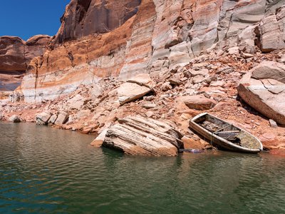 The current drought reveals lost items from earlier, wetter times, like this sunken boat near Iceberg Canyon.