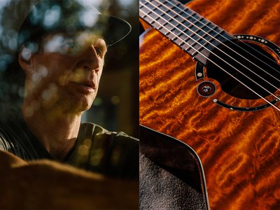 Left, luthier Reuben Forsland gazes out his studio window. Right, a close-up of the &ldquo;Legacy&rdquo; guitar, custom-built by Forsland, commissioned by a son to honor his father.&nbsp;&nbsp;&nbsp;