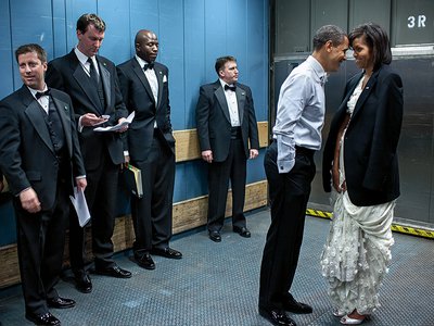 The President with the First Lady in a freight elevator heading to an inaugural ball in 2009.
