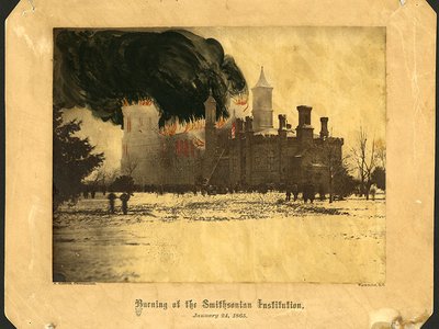 The Smithsonian Castle Building, in a colorized photograph taken by Alexander Gardner, was severely damaged in a January 1865 fire. 