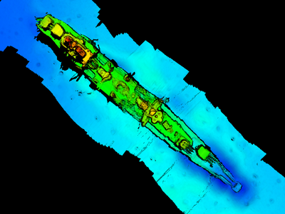 A sonar scan of the German warship Karlsruhe, which was recently discovered off the southern coast of Norway