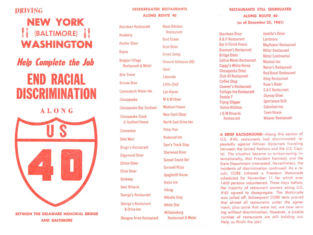 Pages from a CORE pamphlet calling for the desegregation of restaurants along U.S. Route 40