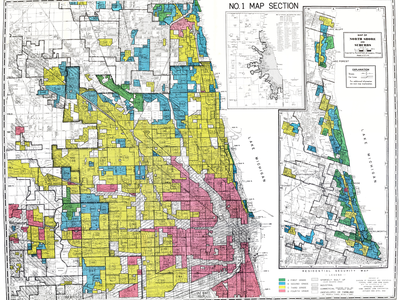 In one example of redlining, this Home Owners' Loan Corporation map depicts part of Chicago, Illinois and labels neighborhoods as "hazardous" (red) or "best" (green). Borrowers could be denied access to credit if their homes or businesses were located in "hazardous" neighborhoods, typically economically disadvantaged neighborhoods with large minority populations.