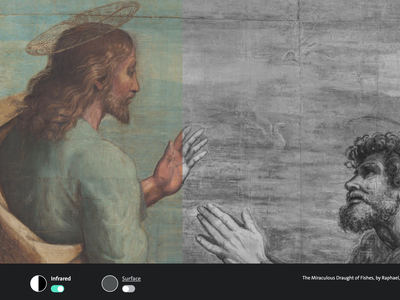 A screenshot of the new V&A; digital tool, which allows viewers to explore high-resolution scans of Raphael's cartoons for his Sistine Chapel tapestry sequence. Here, Jesus speaks to Simon in The Miraculous Draught of Fishes (Luke 5: 1-11).